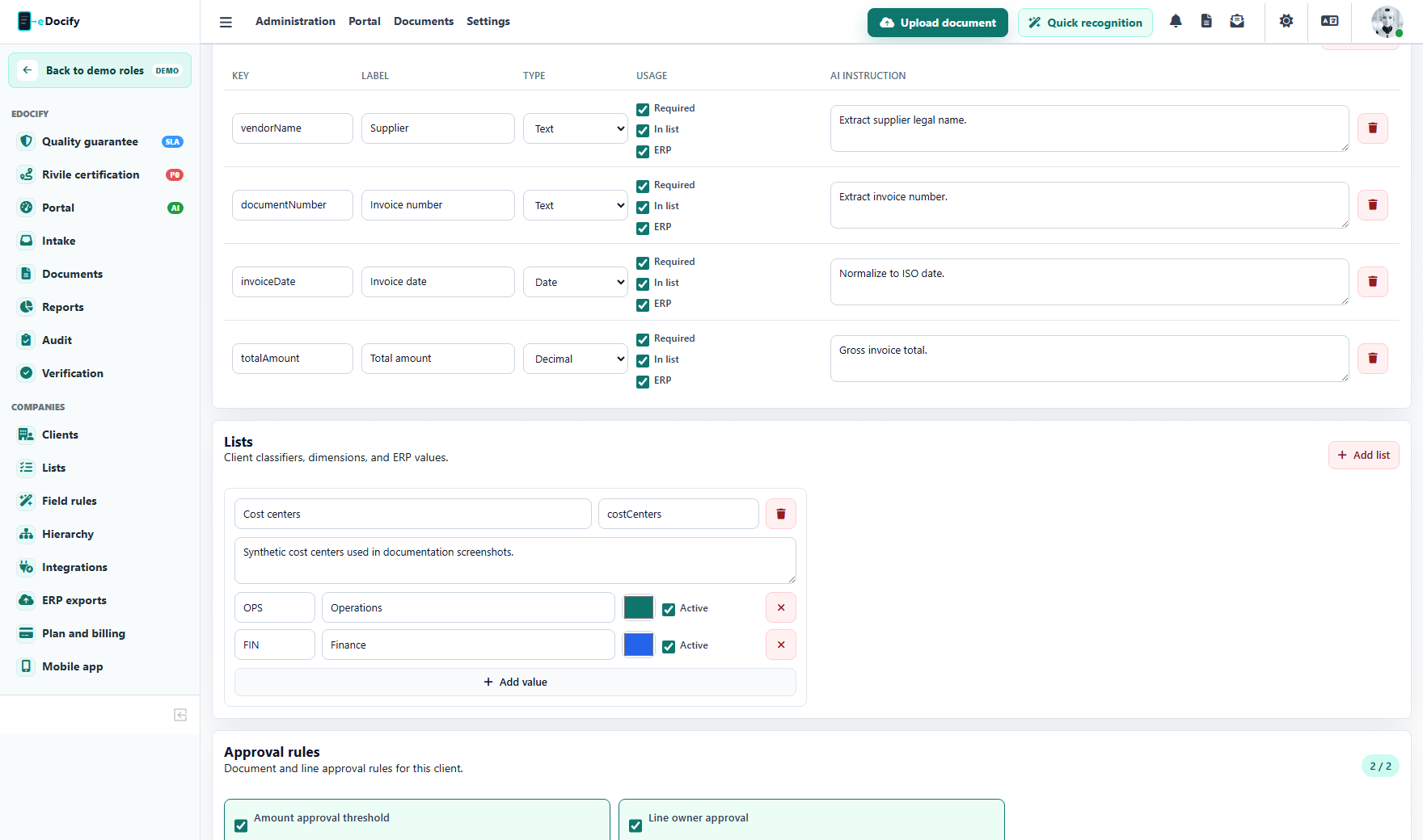 Client profile fields and document card configuration