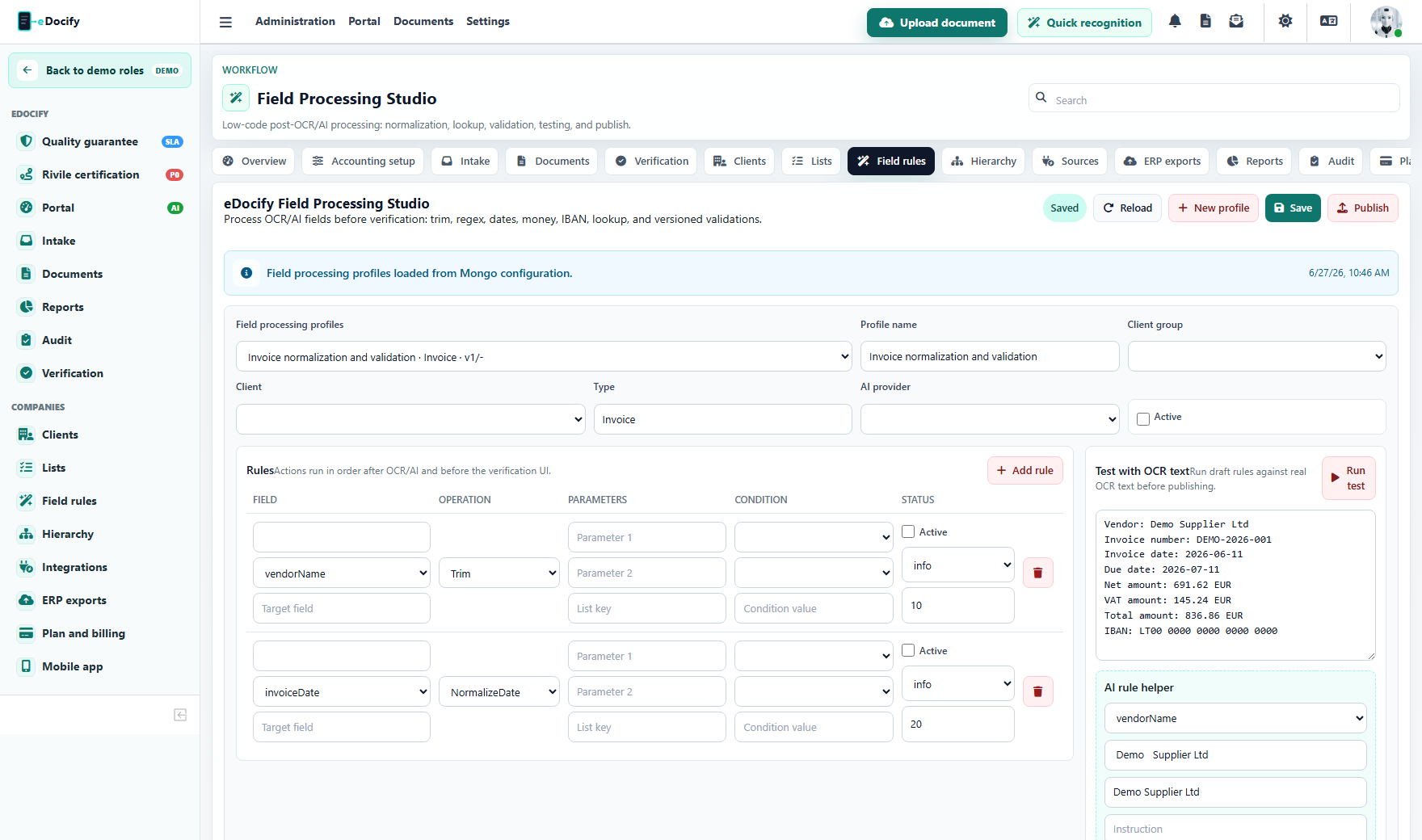 Field processing rule profile