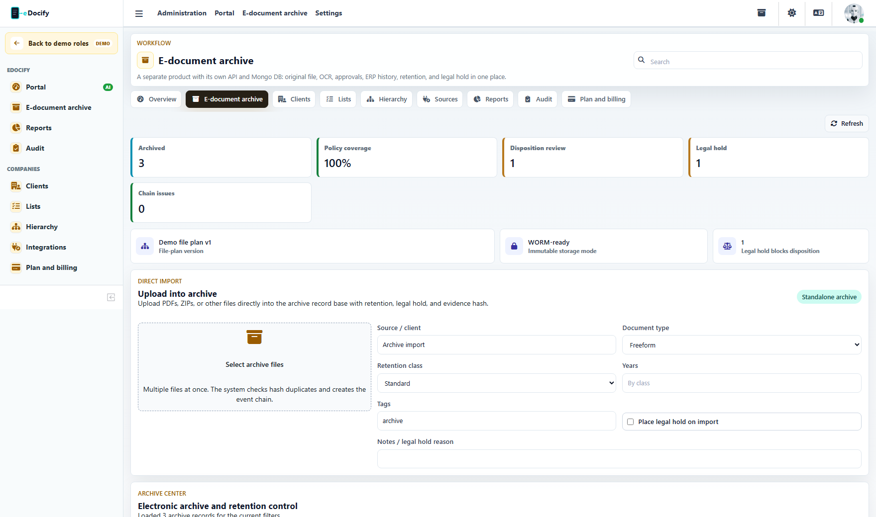 Archive sandbox administration