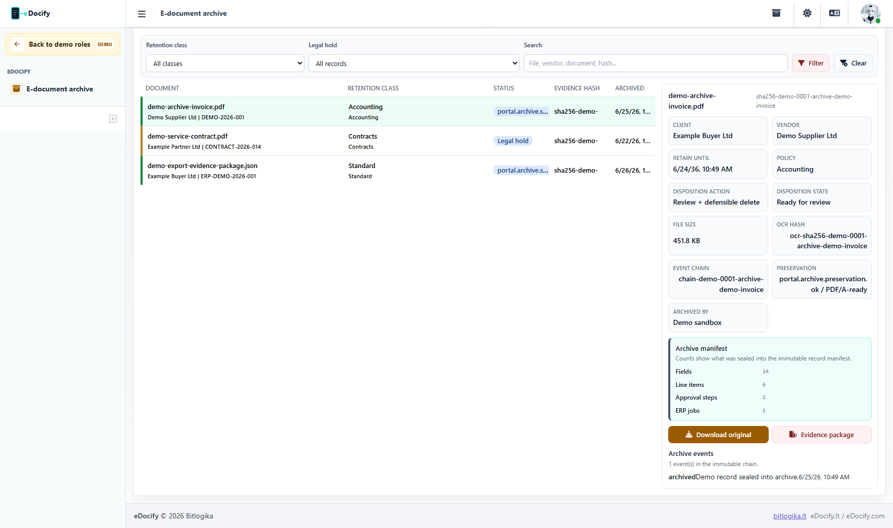 Archive document list and filters