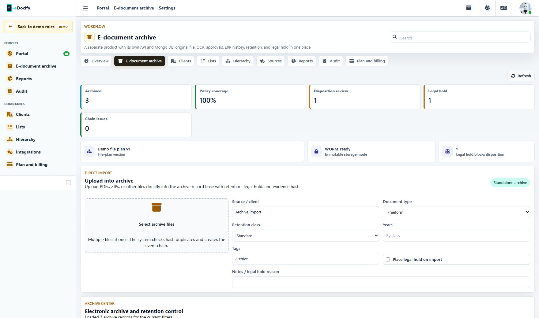 Archive retention and legal hold