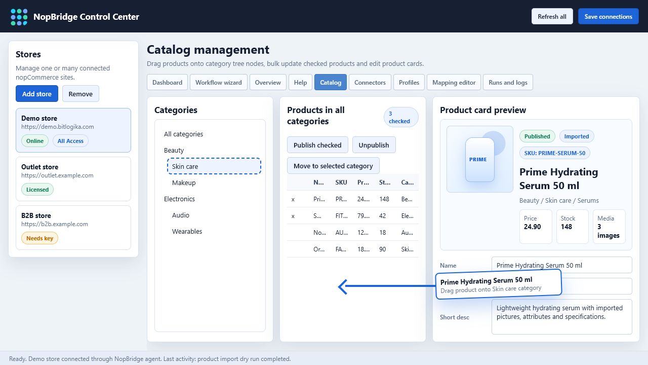 NopBridge Control Center catalog drag and drop