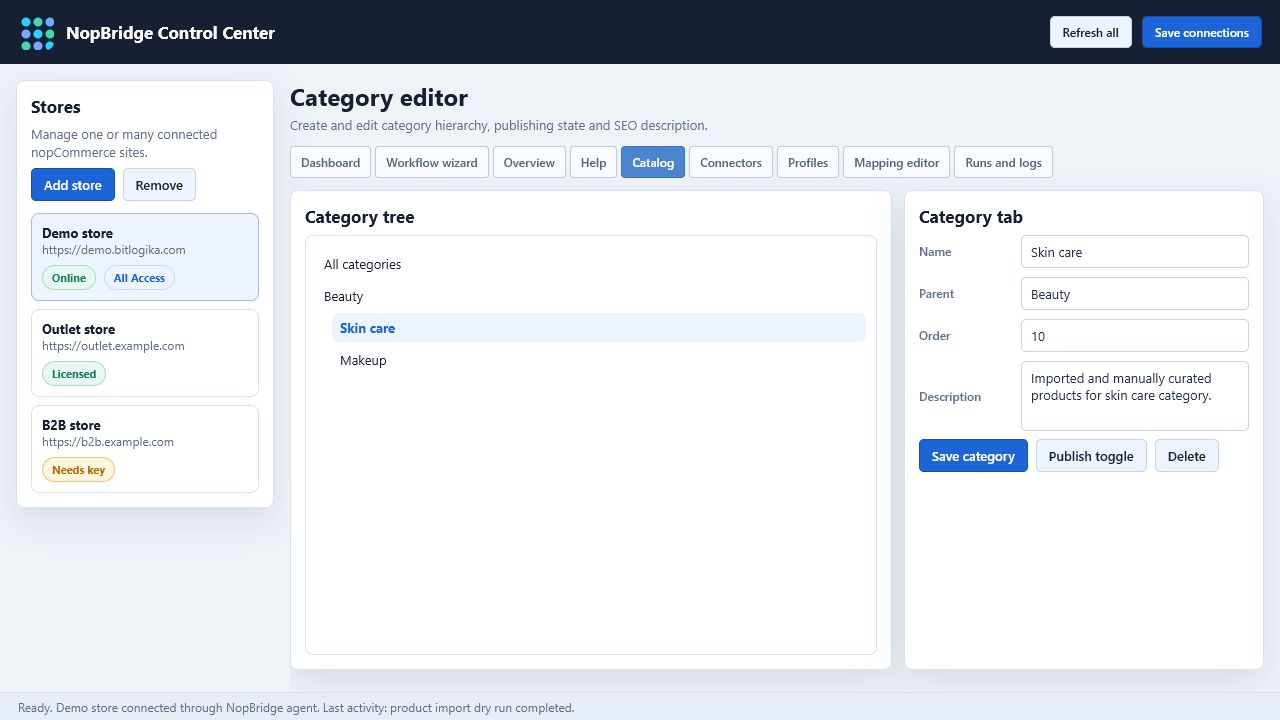 NopBridge Control Center category editor