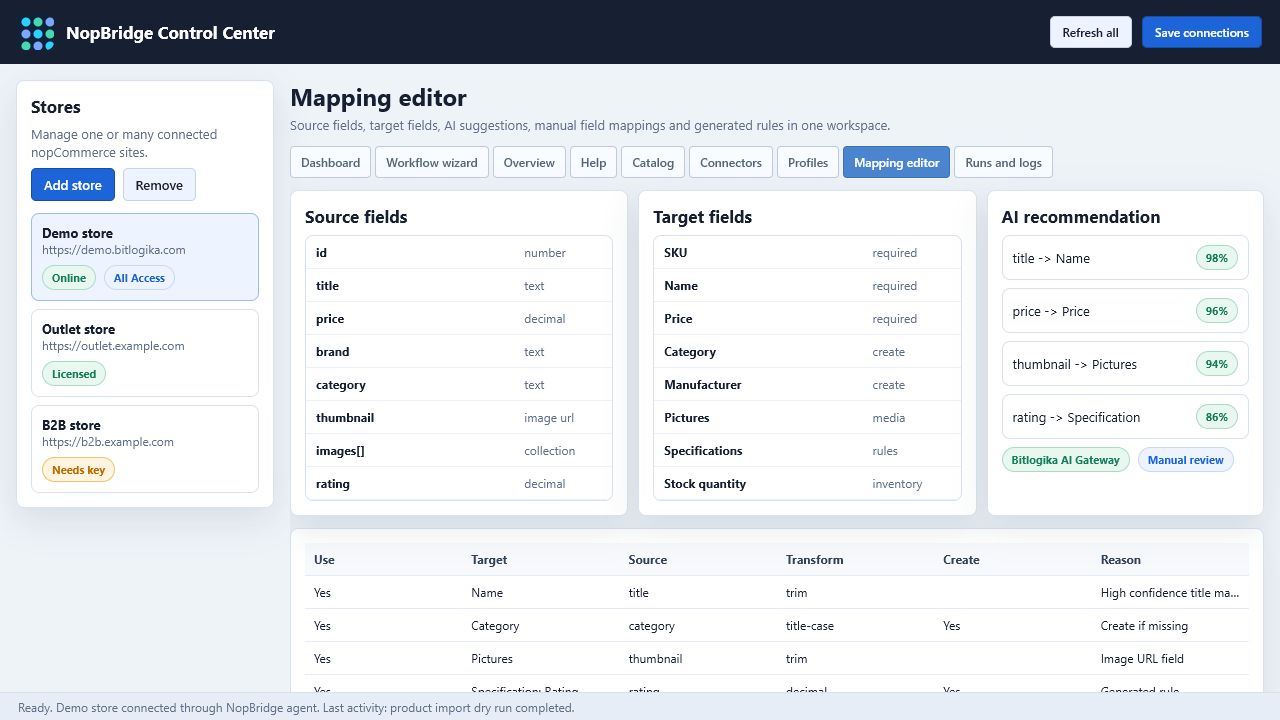 NopBridge Control Center mapping editor