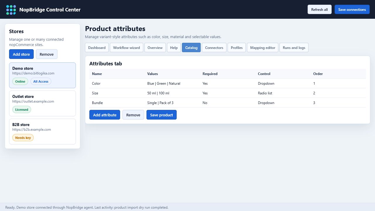 NopBridge Control Center product attributes