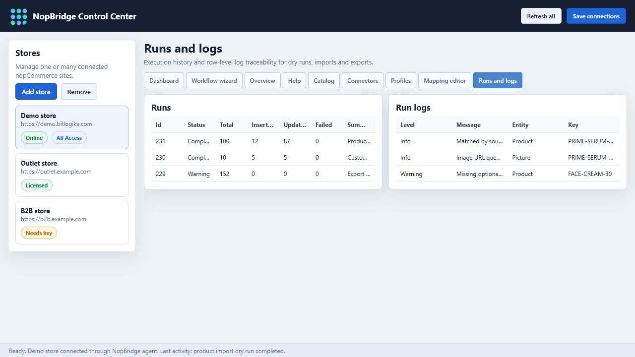 NopBridge Control Center runs and logs