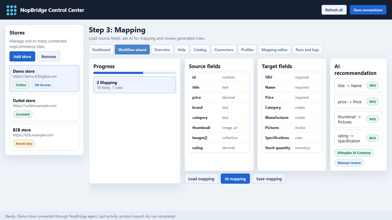 NopBridge Control Center wizard mapping