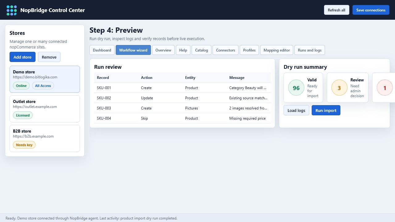 NopBridge Control Center wizard preview