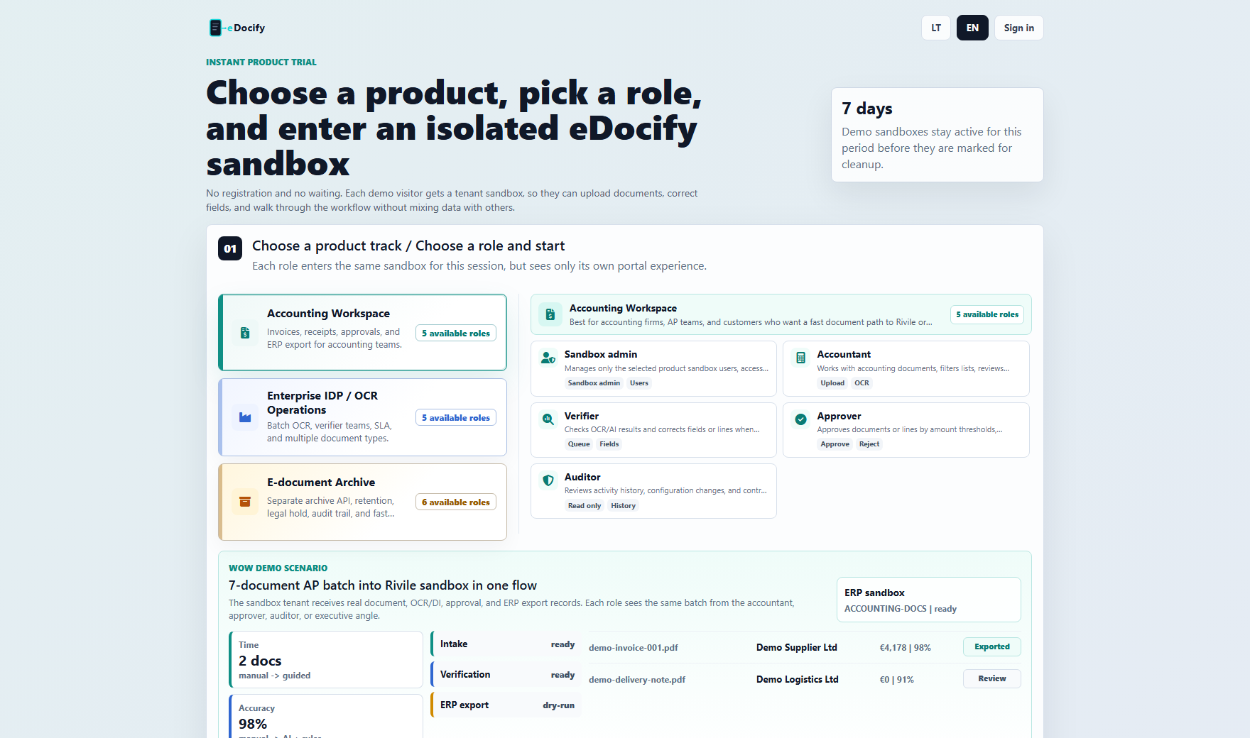 eDocify demo product and role picker