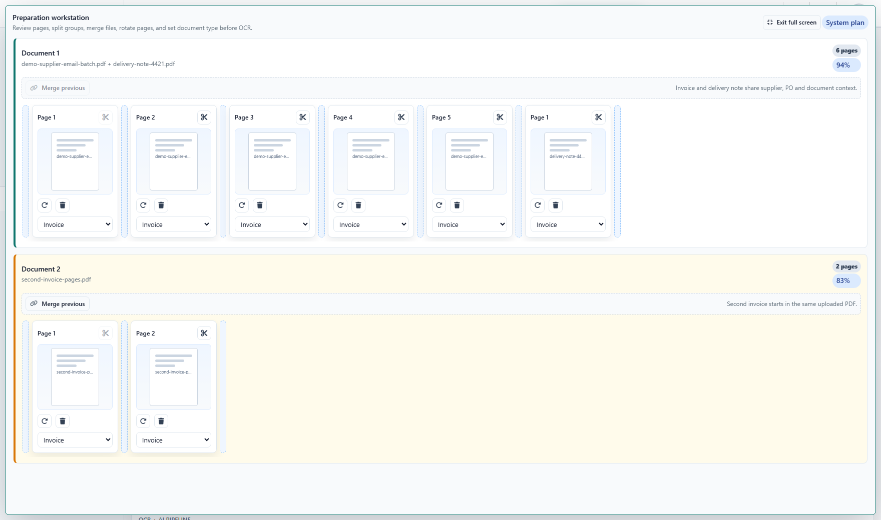 Full-screen split and merge workbench