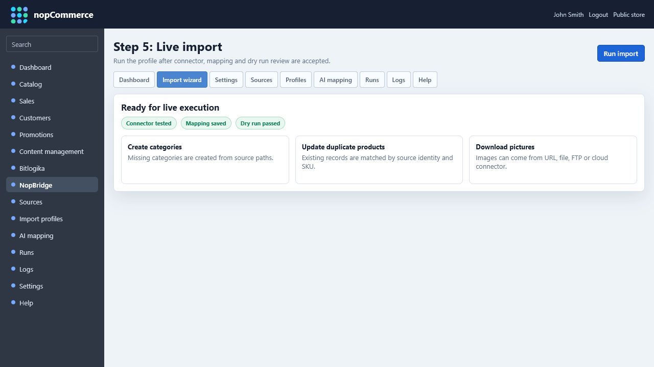 NopBridge wizard live import step