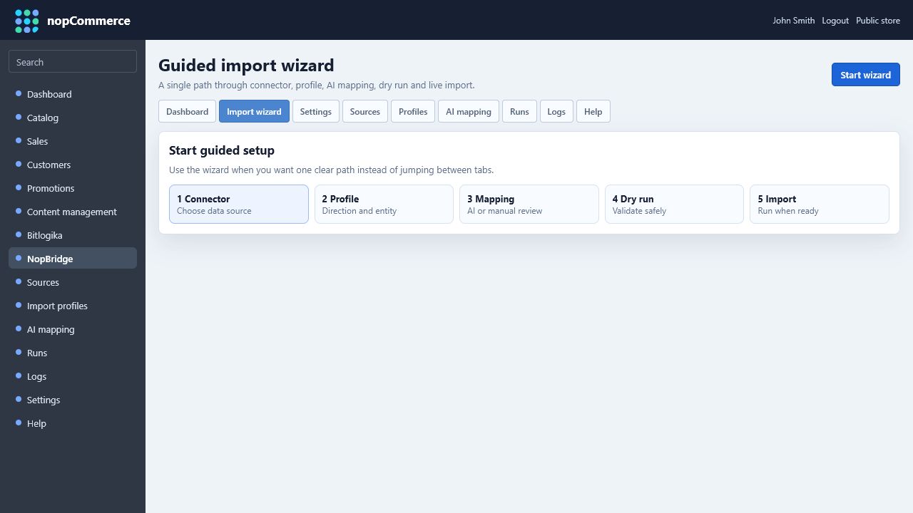 NopBridge import wizard start